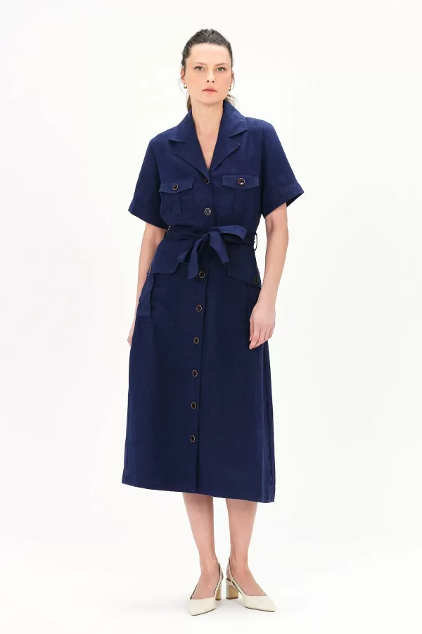 Best CAROLL Robe Rana 100% Lin Femme Bleu Marine